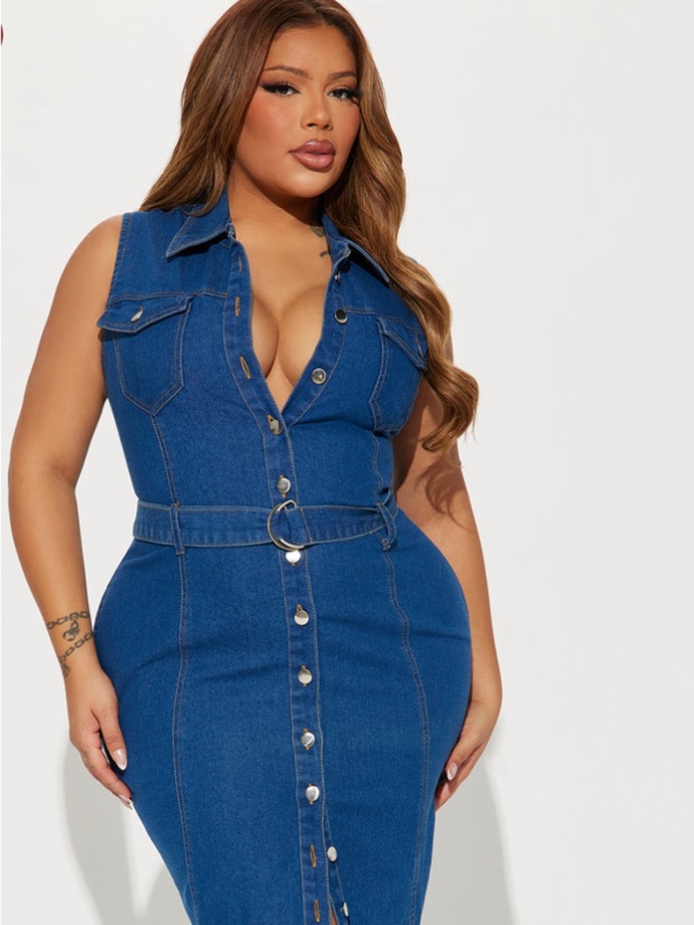 Sleeveless Blue Denim Midi Button-Front Jeans Dress